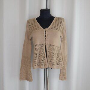 Crochet Knit Lace Up Cardigan Beige Y2K Sz S